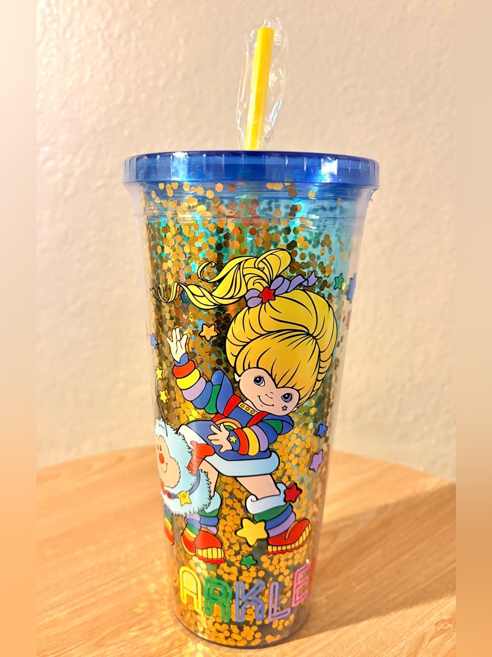 Rainbow Bright Sparkle Glitter Tumbler 9" Plastic w/ Straw 24 oz Brand New